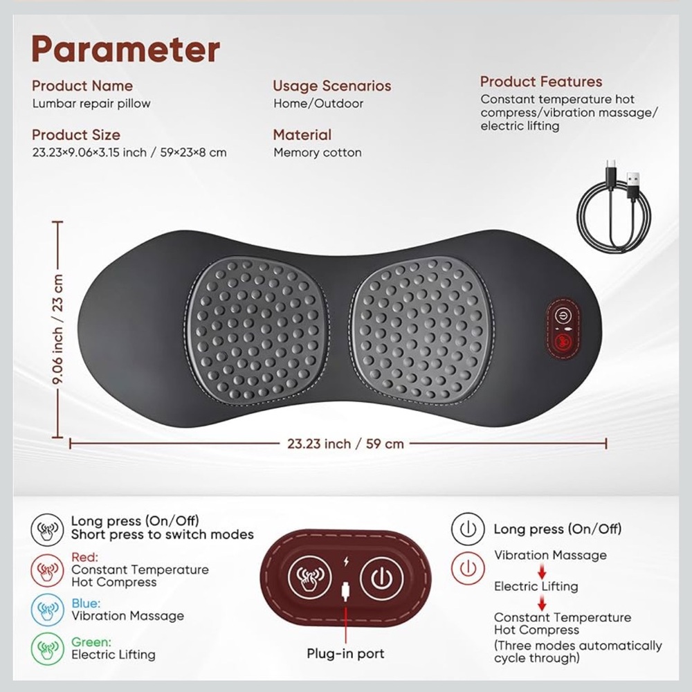 3 in 1 Upadate Rechargeable Electric Lumbar Support Pillow with Heat & massage